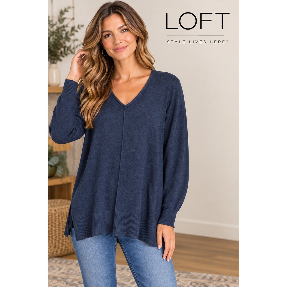 LOFT Outlet Womens XL Navy Blue V-Neck Tunic Sweater Long Sleeve Side Slit Knit